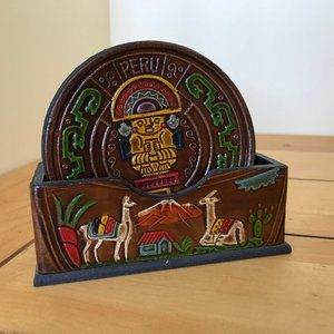 Peru Llama Village Tooled Leather Coasters Set of 6 with Holder Sun God Inti